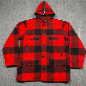 Johnson Woolen Mills Red Black Buffalo Plaid Hooded Wool Jacket Men NO TAG